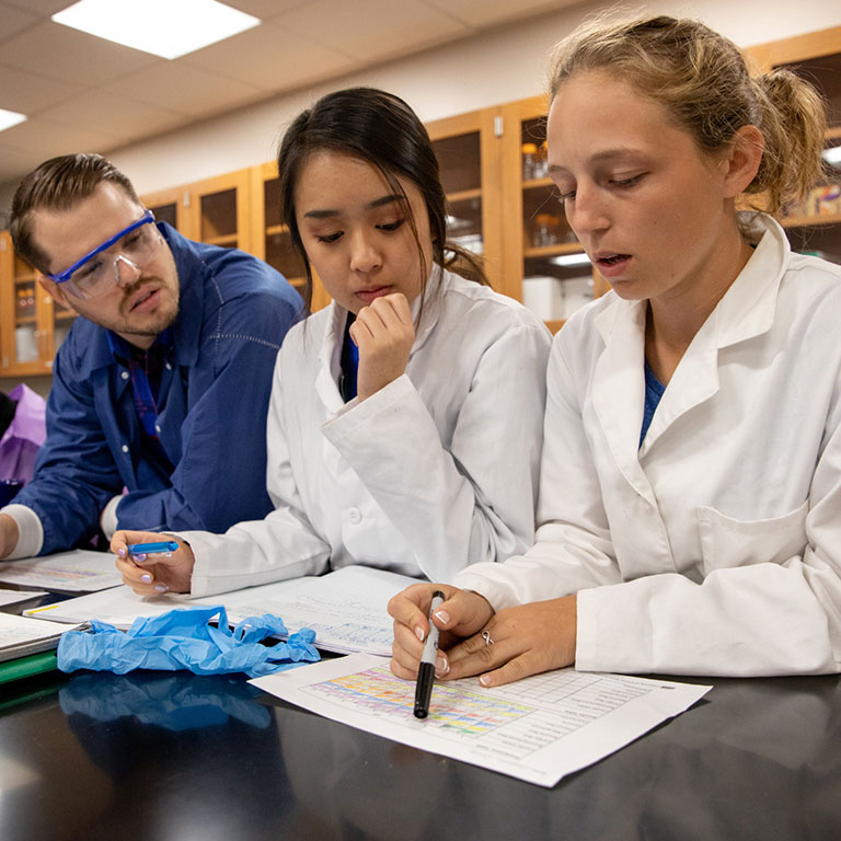 Three students look together at a spreadsheet in the classroom