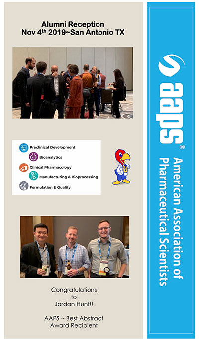 AAPS composite image - Image 1: Alumni reception Nov. 4, 2019, Image 2: Congratulations to Jordan Hunt the AAPS 2019 Best Abstract Award Recipient